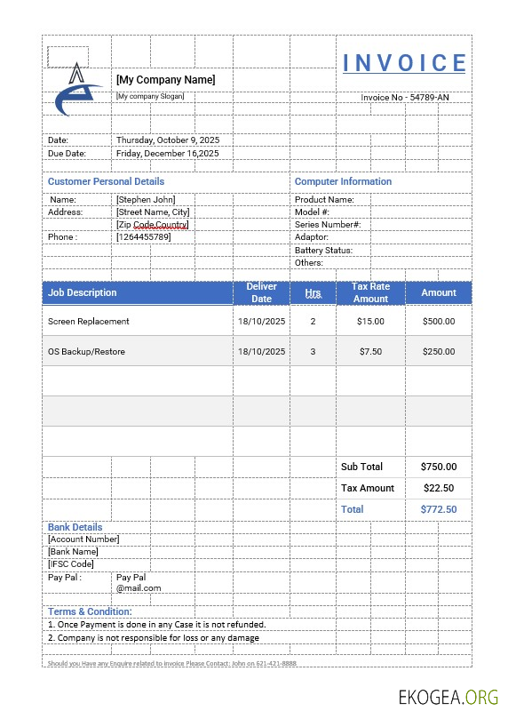 Modèle de facture de réparation d'ordinateur template